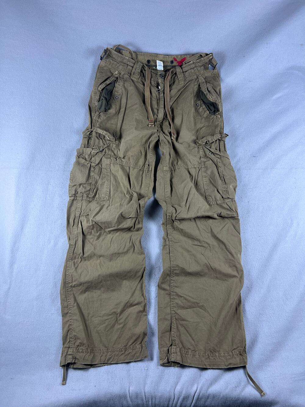 Vintage Y2K American Eagle Cargo Pants Mens 32x32 Olive Green Wide Leg Parachute